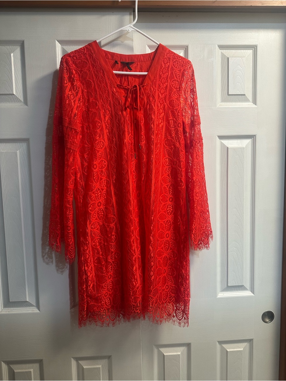 Buffalo David Bitton Red Lace Long-Sleeve Tie-Neck Dress